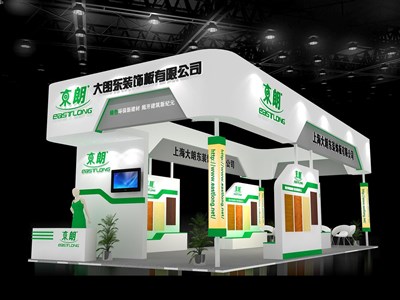 40平米展臺(tái)設(shè)計(jì)制作：四面開口/現(xiàn)代/木質(zhì)結(jié)構(gòu)/白色，為建材展展商而作（免費(fèi)使用）