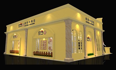 121平米展臺(tái)設(shè)計(jì)制作：二面開口/歐式/木質(zhì)結(jié)構(gòu)/黃色，為建材展展商而作（免費(fèi)使用）