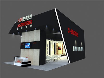 84平米展臺設計制作：三面開口/現(xiàn)代/木質結構/黑色，為建材展展商而作（免費使用）