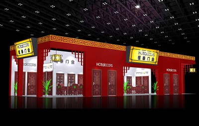 140平米展臺設(shè)計制作：三面開口/中式/木質(zhì)結(jié)構(gòu)/紅色，為建材展展商而作（免費使用）