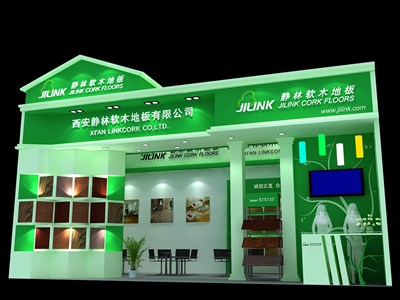 40.5平米展臺設(shè)計制作：一面開口/現(xiàn)代/木質(zhì)結(jié)構(gòu)/綠色，為建材展展商而作（免費使用）
