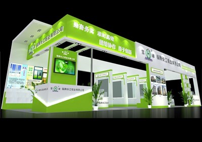 80平米展臺(tái)設(shè)計(jì)制作：四面開口/現(xiàn)代/木質(zhì)結(jié)構(gòu)/綠色，為建材展展商而作（免費(fèi)使用）
