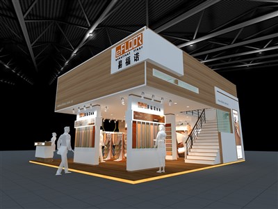90平米展臺設(shè)計(jì)制作：三面開口/現(xiàn)代/木質(zhì)結(jié)構(gòu)/米色，為建材展展商而作（免費(fèi)使用）