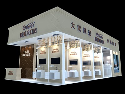 72平米展臺(tái)設(shè)計(jì)制作：三面開(kāi)口/現(xiàn)代/木質(zhì)結(jié)構(gòu)/白色，為建材展展商而作（免費(fèi)使用）