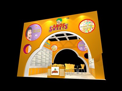 36平米展臺設(shè)計制作：二面開口/現(xiàn)代/木質(zhì)結(jié)構(gòu)/橙色，為食品展展商而作（免費使用）
