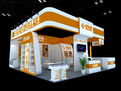 64平米展臺設(shè)計制作：三面開口/現(xiàn)代/木質(zhì)結(jié)構(gòu)/橙色，為食品展展商而作（免費使用）