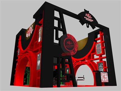 36平米展臺(tái)設(shè)計(jì)制作：三面開(kāi)口/中式/木質(zhì)結(jié)構(gòu)/紅色，為食品展展商而作（免費(fèi)使用）
