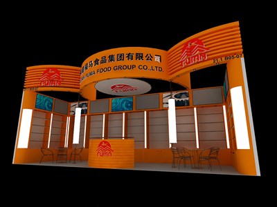 27平米展臺(tái)設(shè)計(jì)制作：一面開口/現(xiàn)代/木質(zhì)結(jié)構(gòu)/橙色，為食品展展商而作（免費(fèi)使用）