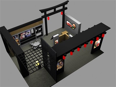 108平米展臺設(shè)計制作：四面開口/中式/木質(zhì)結(jié)構(gòu)/黑色，為食品展展商而作（免費使用）