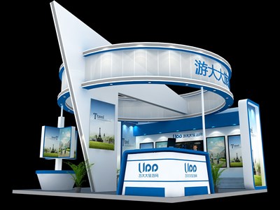36平米展臺(tái)設(shè)計(jì)制作：三面開口/現(xiàn)代/木質(zhì)結(jié)構(gòu)/藍(lán)色，為建材展展商而作（免費(fèi)使用）