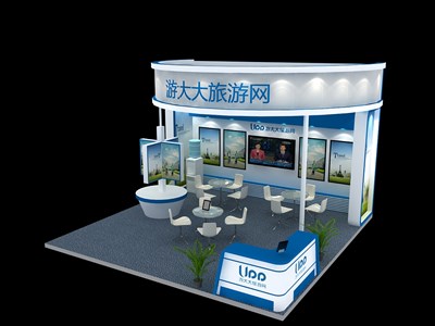 36平米展臺(tái)設(shè)計(jì)制作：三面開口/現(xiàn)代/木質(zhì)結(jié)構(gòu)/藍(lán)色，為建材展展商而作（免費(fèi)使用）