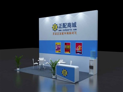 18平米展臺設(shè)計制作：二面開口/現(xiàn)代/木質(zhì)結(jié)構(gòu)/藍色，為汽配展展商而作（免費使用）