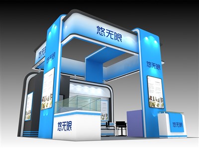 36平米展臺(tái)設(shè)計(jì)制作：三面開口/現(xiàn)代/木質(zhì)結(jié)構(gòu)/藍(lán)色，為食品展展商而作（免費(fèi)使用）