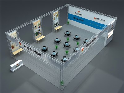 204平米展臺設(shè)計制作：三面開口/現(xiàn)代/桁架結(jié)構(gòu)/藍色，為綜合展展商而作（免費使用）