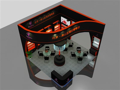 36平米展臺(tái)設(shè)計(jì)制作：三面開口/現(xiàn)代/木質(zhì)結(jié)構(gòu)/黑色，為糖酒展展商而作（免費(fèi)使用）