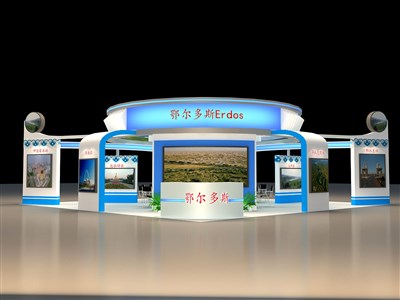 100平米展臺設(shè)計(jì)制作：四面開口/現(xiàn)代/型材結(jié)構(gòu)/藍(lán)色，為旅游展展商而作（免費(fèi)使用）