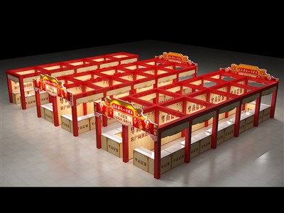 300平米展臺(tái)設(shè)計(jì)制作：四面開(kāi)口/現(xiàn)代/桁架結(jié)構(gòu)/紅色，為日用品展展商而作（免費(fèi)使用）