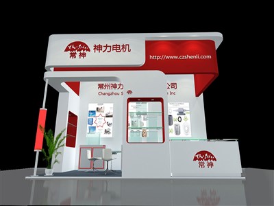 18平米展臺(tái)設(shè)計(jì)制作：三面開口/現(xiàn)代/木質(zhì)結(jié)構(gòu)/紅色，為機(jī)械展展商而作（免費(fèi)使用）