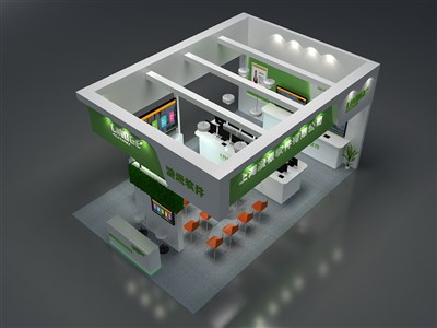 54平米展臺(tái)設(shè)計(jì)制作：三面開口/現(xiàn)代/木質(zhì)結(jié)構(gòu)/綠色，為電子展展商而作（免費(fèi)使用）