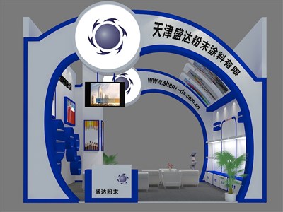 36平米展臺設(shè)計制作：二面開口/現(xiàn)代/木質(zhì)結(jié)構(gòu)/藍色，為建材展展商而作（免費使用）