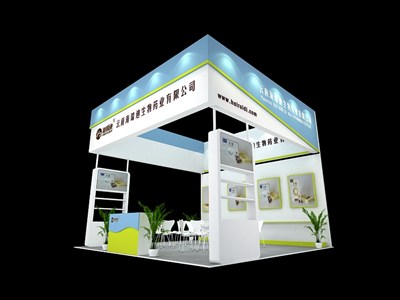 36平米展臺(tái)設(shè)計(jì)制作：三面開口/現(xiàn)代/木質(zhì)結(jié)構(gòu)/藍(lán)色，為醫(yī)藥展展商而作（免費(fèi)使用）