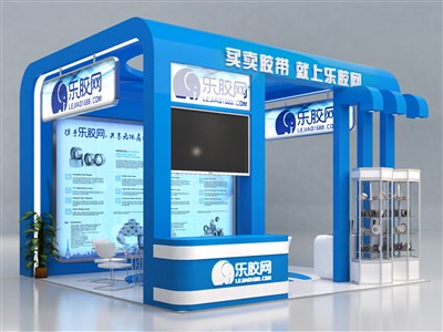 36平米展臺設(shè)計制作：三面開口/現(xiàn)代/木質(zhì)結(jié)構(gòu)/藍色，為建材展展商而作（免費使用）